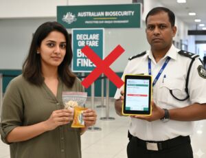 A woman at an Australian airport holding a small packed food item while a biosecurity officer holds a tablet displaying a fine notice, with a large red cross over the image.